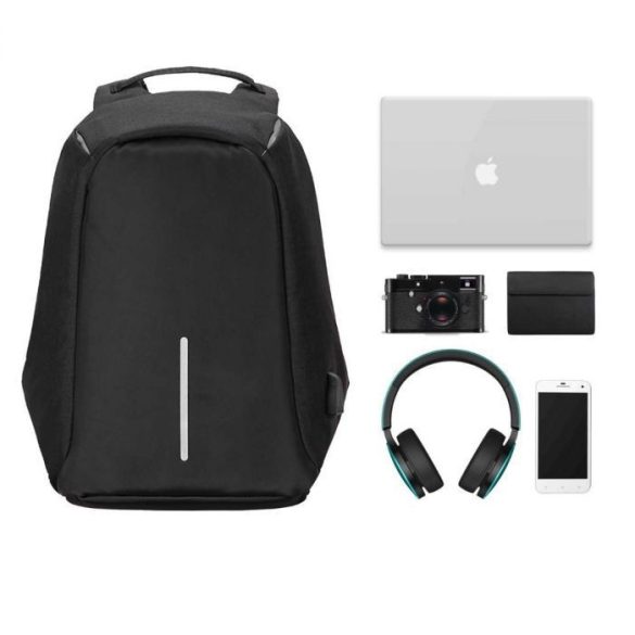 Lopásbiztos hátizsák, rejtett cipzárak, 7 db zseb, vízálló, beépített USB port, fényvisszaverő csík, fekete