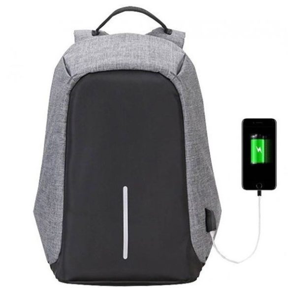 Lopásbiztos hátizsák, rejtett cipzárak, 7 db zseb, vízálló, beépített USB port, fényvisszaverő csík, szürke