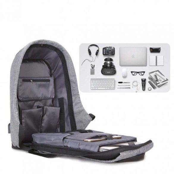 Lopásbiztos hátizsák, rejtett cipzárak, 7 db zseb, vízálló, beépített USB port, fényvisszaverő csík, szürke