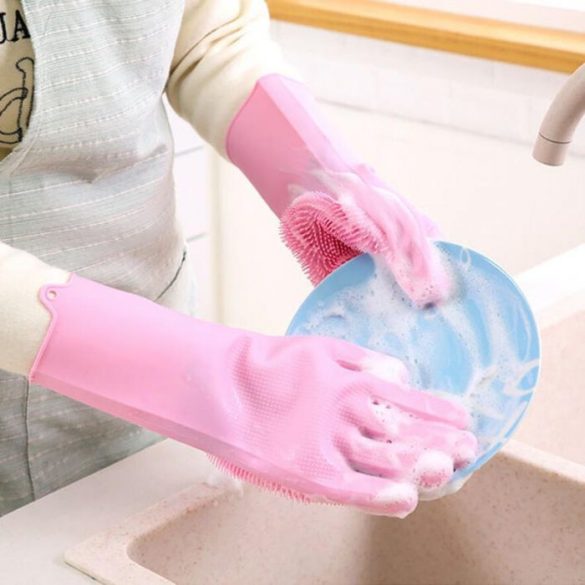 Szilikon mosogató és tisztító kesztyű, rózsaszín