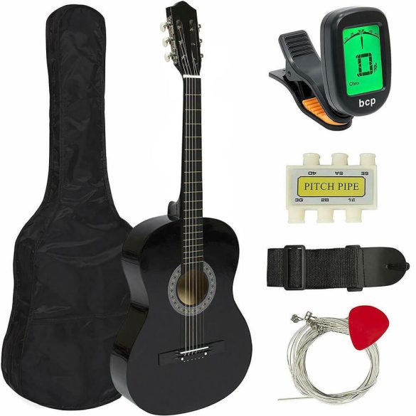 Akusztikus gitár szett, 3/4-es, fekete, ajándék hangolóval, póthúrokkal, hevederrel, puha tokkal