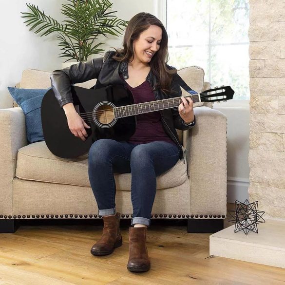 Akusztikus gitár szett, 3/4-es, fekete, ajándék hangolóval, póthúrokkal, hevederrel, puha tokkal