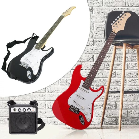 Elektromos gitár szett, ST forma, fekete, ajándék 5W erősítővel, tremoló karral, hevederrel, puha tokkal