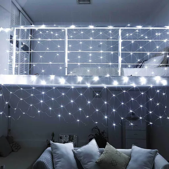 Hálós LED fényfüzér, 128 LED, hidegfehér, 185 × 85 cm, 7 világítási móddal, IP44 védelemmel, beltéri és kültéri használatra