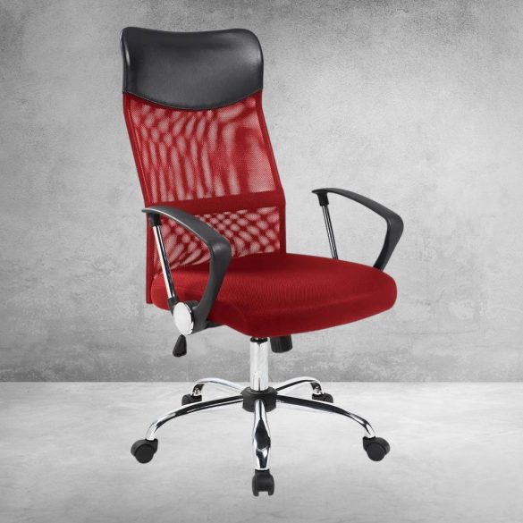 Ergonomikus irodai szék magasított háttámlával, piros, állítható magasság, dönthető mechanizmus, párnázott ülőfelület és karfa, fém vázas, 110 kg teherbírás