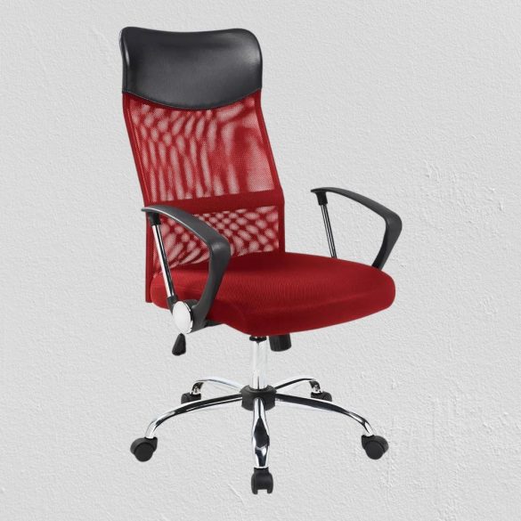 Ergonomikus irodai szék magasított háttámlával, piros, állítható magasság, dönthető mechanizmus, párnázott ülőfelület és karfa, fém vázas, 110 kg teherbírás