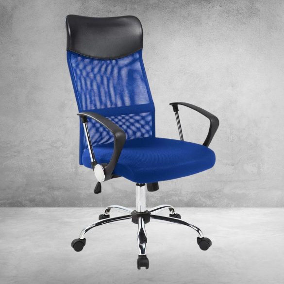 Ergonomikus irodai szék magasított háttámlával, kék, állítható magasság, dönthető háttámla, párnázott ülőfelület és karfa, fém vázas kialakítás, 110 kg teherbírás