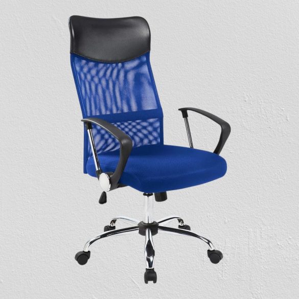 Ergonomikus irodai szék magasított háttámlával, kék, állítható magasság, dönthető háttámla, párnázott ülőfelület és karfa, fém vázas kialakítás, 110 kg teherbírás