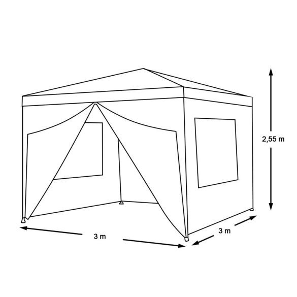 Party sátor, 3 × 3 m, fehér, oldalfalas, ablakos, cipzáras ajtóval