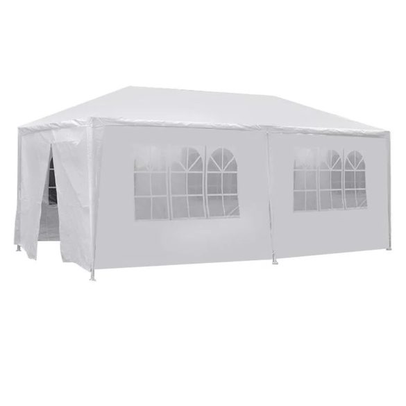 Party sátor, 3 × 6 m, fehér, oldalfalas, ablakos, cipzáras ajtóval