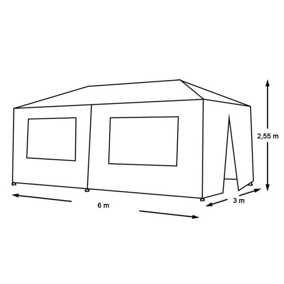 Party sátor, 3 × 6 m, fehér, oldalfalas, ablakos, cipzáras ajtóval