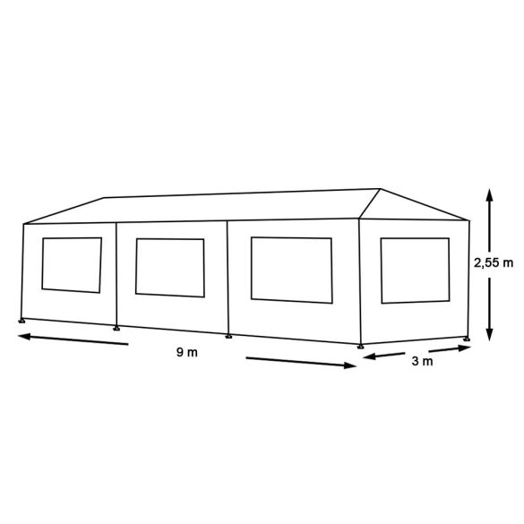 Party sátor, 3 × 9 m, fehér, oldalfalas, ablakos, cipzáras ajtóval