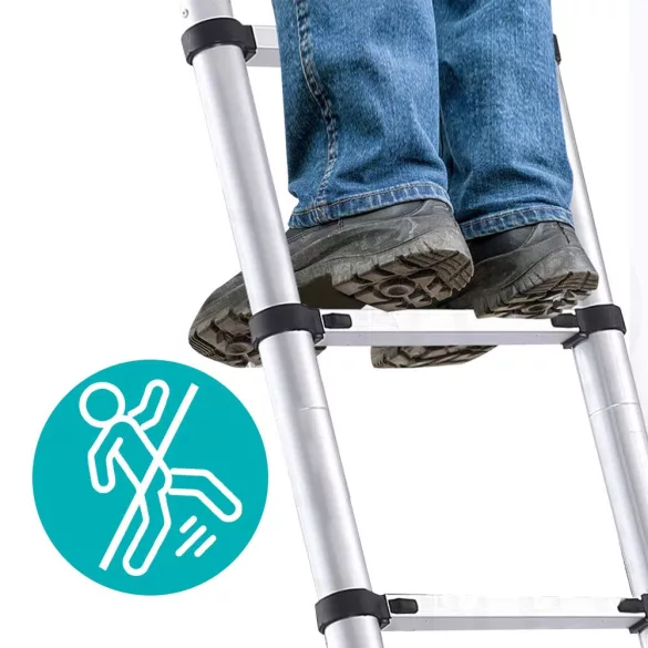 Teleszkópos létra, alumínium, 4,1 m, ezüst, 150 kg teherbírású, csúszásgátlós talppal