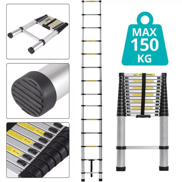 Teleszkópos létra, alumínium, 4,1 m, ezüst, 150 kg teherbírású, csúszásgátlós talppal
