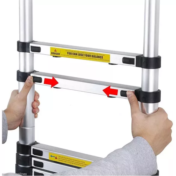 Teleszkópos létra, alumínium, 4,1 m, ezüst, 150 kg teherbírású, csúszásgátlós talppal