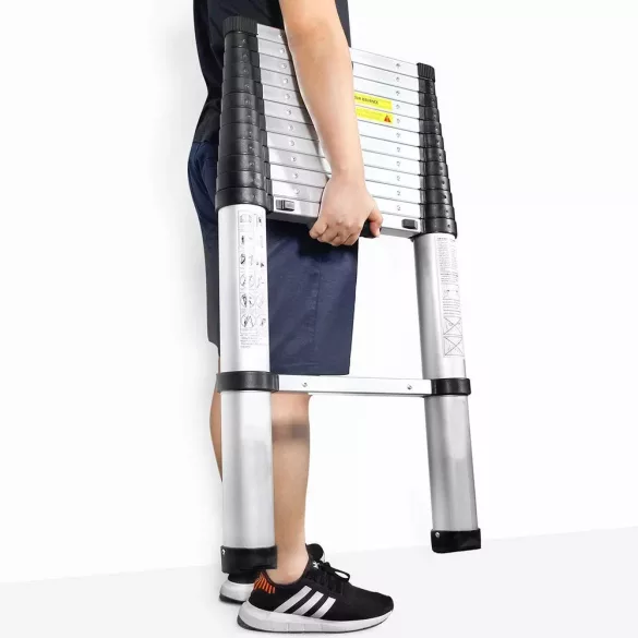 Teleszkópos létra, alumínium, 4,1 m, ezüst, 150 kg teherbírású, csúszásgátlós talppal