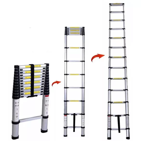 Teleszkópos létra, alumínium, 4,1 m, ezüst, 150 kg teherbírású, csúszásgátlós talppal