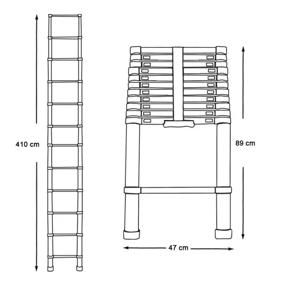 Teleszkópos létra, alumínium, 4,1 m, ezüst, 150 kg teherbírású, csúszásgátlós talppal