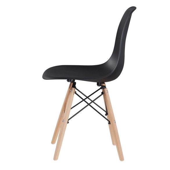 Modern étkezőszék szett, 4 db, fekete, ergonomikus kialakítás, műanyag ülőfelület, fém és fa lábak, 100 kg teherbírás, könnyen tisztítható