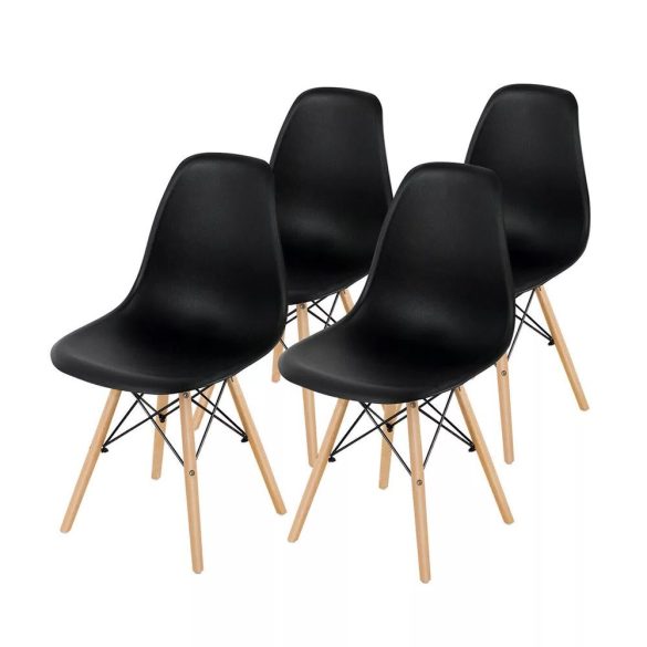 Modern étkezőszék szett, 4 db, fekete, ergonomikus kialakítás, műanyag ülőfelület, fém és fa lábak, 100 kg teherbírás, könnyen tisztítható