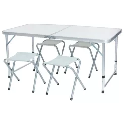   Kempingasztal szett, 1 összecsukható, állítható magasságú asztallal és 4 székkel, fehér, fémvázas, hordozható kivitel, 30 kg teherbírás