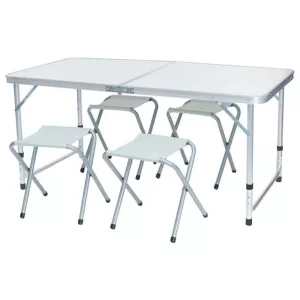Kempingasztal szett, 1 összecsukható, állítható magasságú asztallal és 4 székkel, fehér, fémvázas, hordozható kivitel, 30 kg teherbírás
