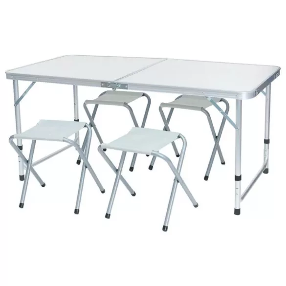 Kempingasztal szett, 1 összecsukható, állítható magasságú asztallal és 4 székkel, fehér, fémvázas, hordozható kivitel, 30 kg teherbírás