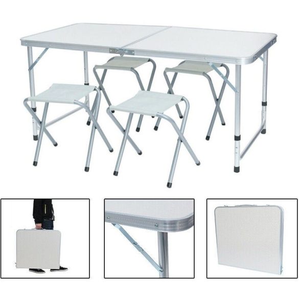 Kemping asztal 4 székkel, 120 x 60 cm, összecsukható