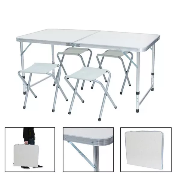 Kempingasztal szett, 1 összecsukható, állítható magasságú asztallal és 4 székkel, fehér, fémvázas, hordozható kivitel, 30 kg teherbírás
