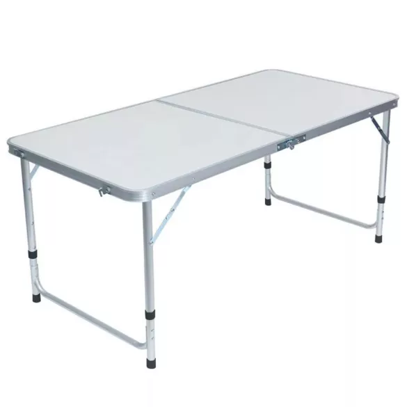 Kempingasztal szett, 1 összecsukható, állítható magasságú asztallal és 4 székkel, fehér, fémvázas, hordozható kivitel, 30 kg teherbírás
