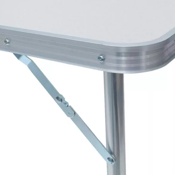 Kempingasztal szett, 1 összecsukható, állítható magasságú asztallal és 4 székkel, fehér, fémvázas, hordozható kivitel, 30 kg teherbírás