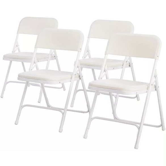 Összecsukható szék szett, 4 darab, fehér, párnázott műbőr ülőfelülettel, fém vázas, helytakarékos kivitel, 100 kg teherbírás