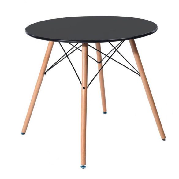 Modern étkezőgarnitúra 4 székkel és asztallal, fekete, fa lábakkal és fém merevítéssel, ergonomikus műanyag ülőfelület, 100 kg teherbírás, kompakt méret