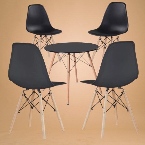 Modern étkezőgarnitúra 4 székkel és asztallal, fekete, fa lábakkal és fém merevítéssel, ergonomikus műanyag ülőfelület, 100 kg teherbírás, kompakt méret
