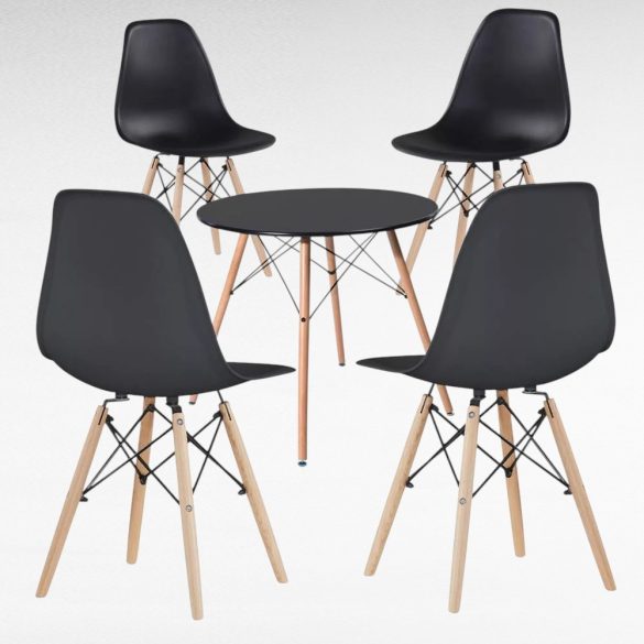 Modern étkezőgarnitúra 4 székkel és asztallal, fekete, fa lábakkal és fém merevítéssel, ergonomikus műanyag ülőfelület, 100 kg teherbírás, kompakt méret