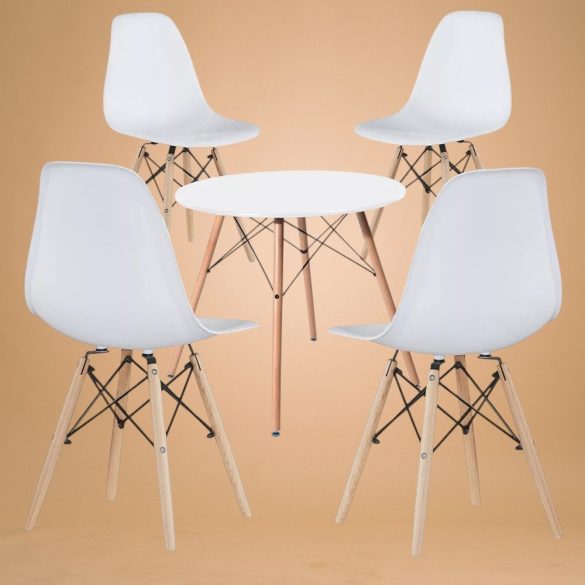 Modern étkezőgarnitúra 4 székkel és asztallal, fehér, fa lábakkal és fém merevítéssel, ergonomikus műanyag ülőfelület, 100 kg teherbírás, kompakt méret