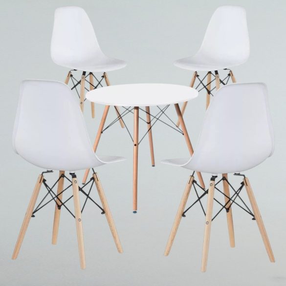 Modern étkezőgarnitúra 4 székkel és asztallal, fehér, fa lábakkal és fém merevítéssel, ergonomikus műanyag ülőfelület, 100 kg teherbírás, kompakt méret