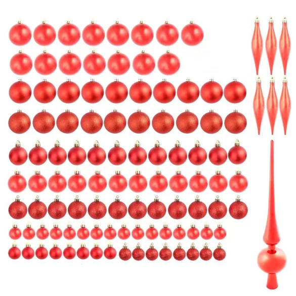 112 részes karácsonyfadísz szett, piros, 2,5–14,5 cm méretű díszekkel, csúcsdísszel, gyöngysorral és 200 cm hosszú boával, matt és fényes felülettel