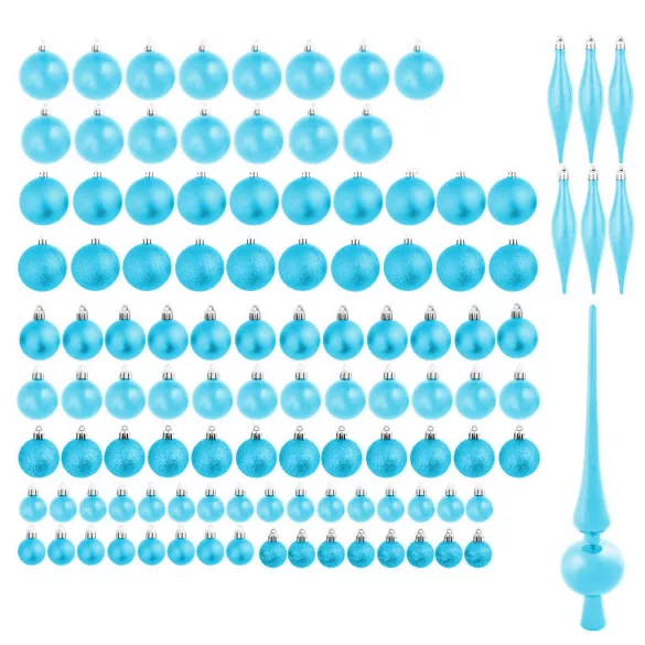 112 részes karácsonyfadísz szett, türkiz, 2,5–14,5 cm méretű díszekkel, csúcsdísszel, gyöngysorral és 200 cm hosszú boával, matt és fényes felülettel