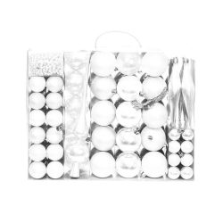   112 részes karácsonyfadísz szett, fehér, 2,5–14,5 cm méretű díszekkel, csúcsdísszel, gyöngysorral és 200 cm hosszú boával, matt és fényes felülettel