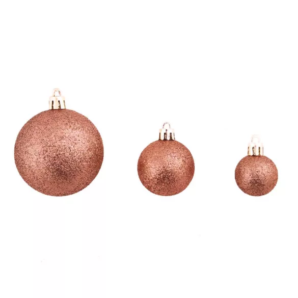 112 részes karácsonyfadísz szett, rosegold, 2,5–14,5 cm méretű díszekkel, csúcsdísszel, gyöngysorral és 200 cm hosszú boával, matt és fényes felülettel