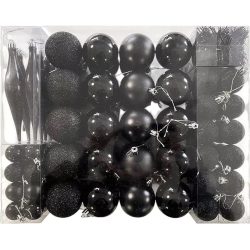   112 részes karácsonyfadísz szett, fekete, 2,5–14,5 cm méretű díszekkel, csúcsdísszel, gyöngysorral és 200 cm hosszú boával, matt és fényes felülettel