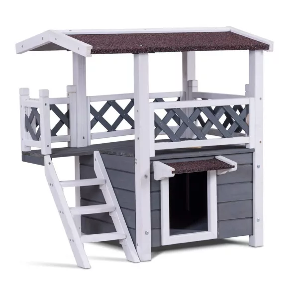 Emeletes kutyaház/cicaház, 76 × 70 × 55 cm, kezeletlen festett fa, csúszásmentes lépcsőkkel és felső terasszal