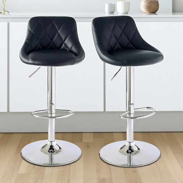 Kitti háttámlás bárszék, 2 db, állítható magasságú, fekete, 60–80 cm, 360°-ban forgatható ülőrésszel, fém vázzal és műbőr kárpitozással