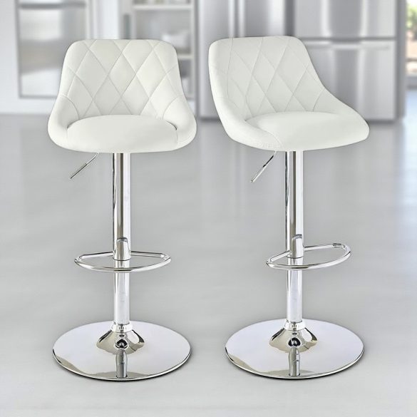 Kitti háttámlás bárszék, 2 db, állítható magasságú, fehér, 60–80 cm, 360°-ban forgatható ülőrésszel, fém vázzal és műbőr kárpitozással