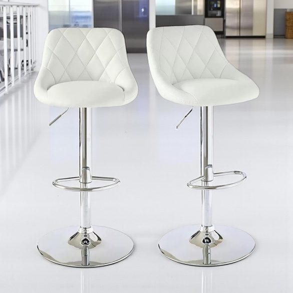 Kitti háttámlás bárszék, 2 db, állítható magasságú, fehér, 60–80 cm, 360°-ban forgatható ülőrésszel, fém vázzal és műbőr kárpitozással