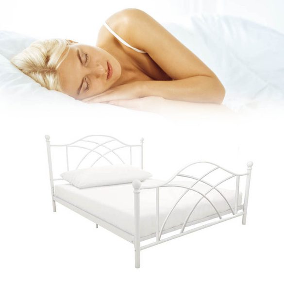 Lotti fém ágykeret, fehér, 90×200 cm, dekoratív fej- és lábtámlával, fa ágyráccsal, 150 kg teherbírás, stabil és időtálló kivitel