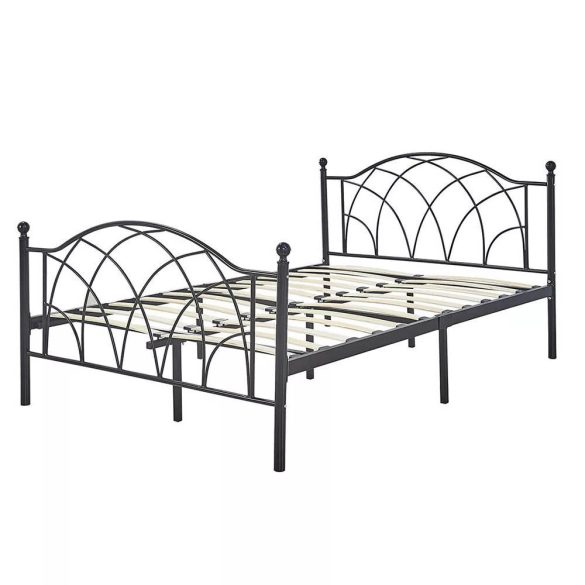Lotti fém ágykeret, fekete, 160×200 cm, dekoratív fej- és lábtámlával, fa ágyráccsal, 300 kg teherbírás, stabil és időtálló kivitel