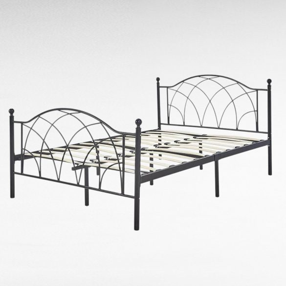 Lotti fém ágykeret, fekete, 160×200 cm, dekoratív fej- és lábtámlával, fa ágyráccsal, 300 kg teherbírás, stabil és időtálló kivitel
