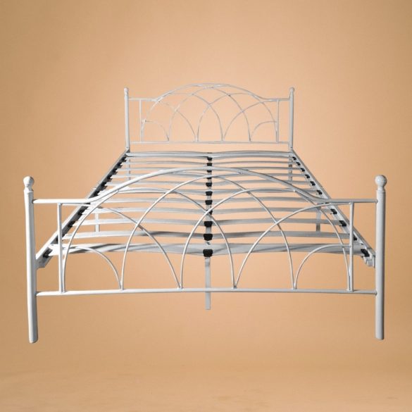 Lotti fém ágykeret, fehér, 160×200 cm, dekoratív fej- és lábtámlával, fa ágyráccsal, 300 kg teherbírás, stabil és időtálló kivitel